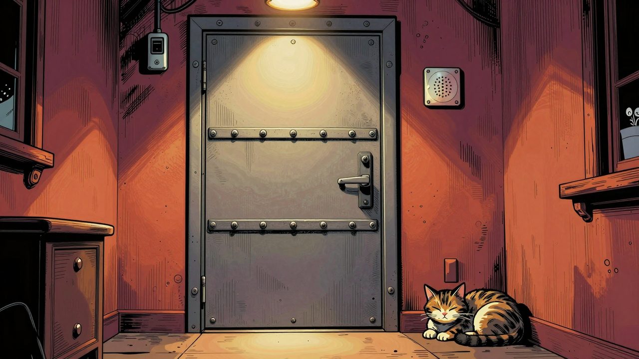 Ilustración de una puerta acorazada con gruesos cerrojos en un recibidor de noche, con un sensor y una sirena de alarma encima y un gato dormido al lado