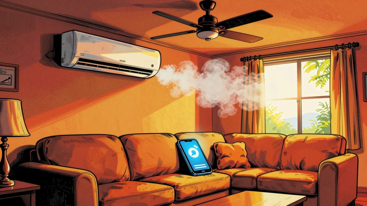 Ilustración de un salón vacío en pleno verano con un aire acondicionado que se apaga solo, un ventilador de techo girando y un móvil recibiendo una notificación