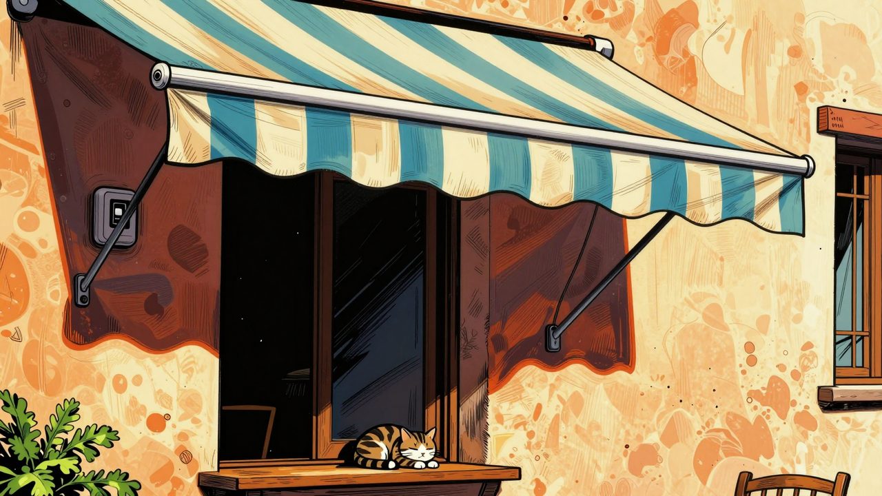 Ilustración de una terraza soleada con un toldo motorizado que se despliega solo para bloquear el sol, y un gato durmiendo a la sombra