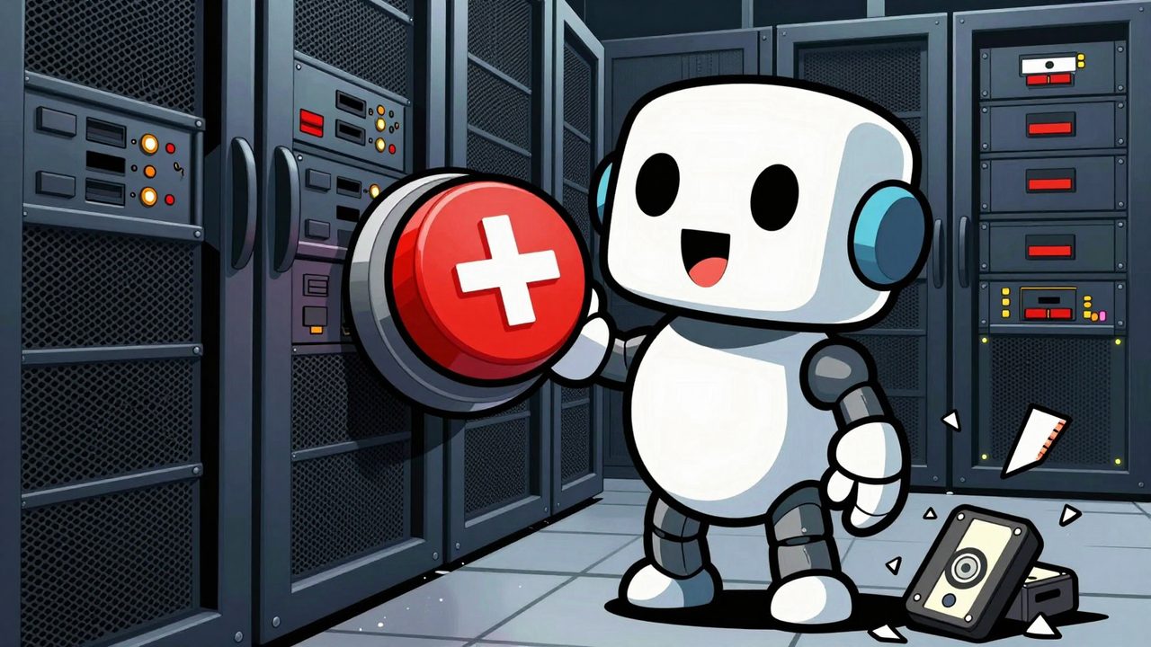 Ilustración de un pequeño robot que acaba de pulsar un enorme botón rojo mientras los servidores se apagan y las cintas de copia de seguridad se deshacen en polvo