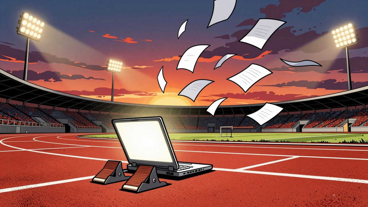 Ilustración de una pista de atletismo vacía al atardecer con un portátil sobre un taco de salida hacia el que vuelan decenas de hojas de papel