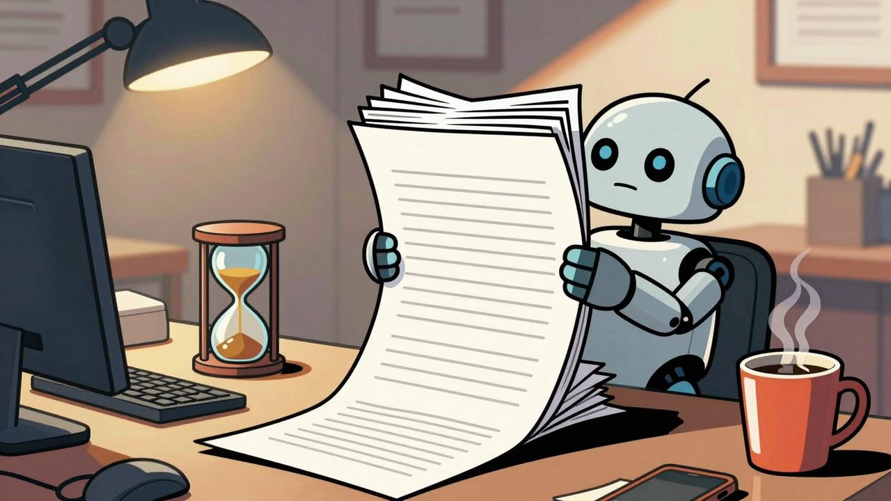 Ilustración de un pequeño robot sobre un escritorio de oficina engullendo una enorme pila de hojas de cálculo en papel junto a un reloj de arena