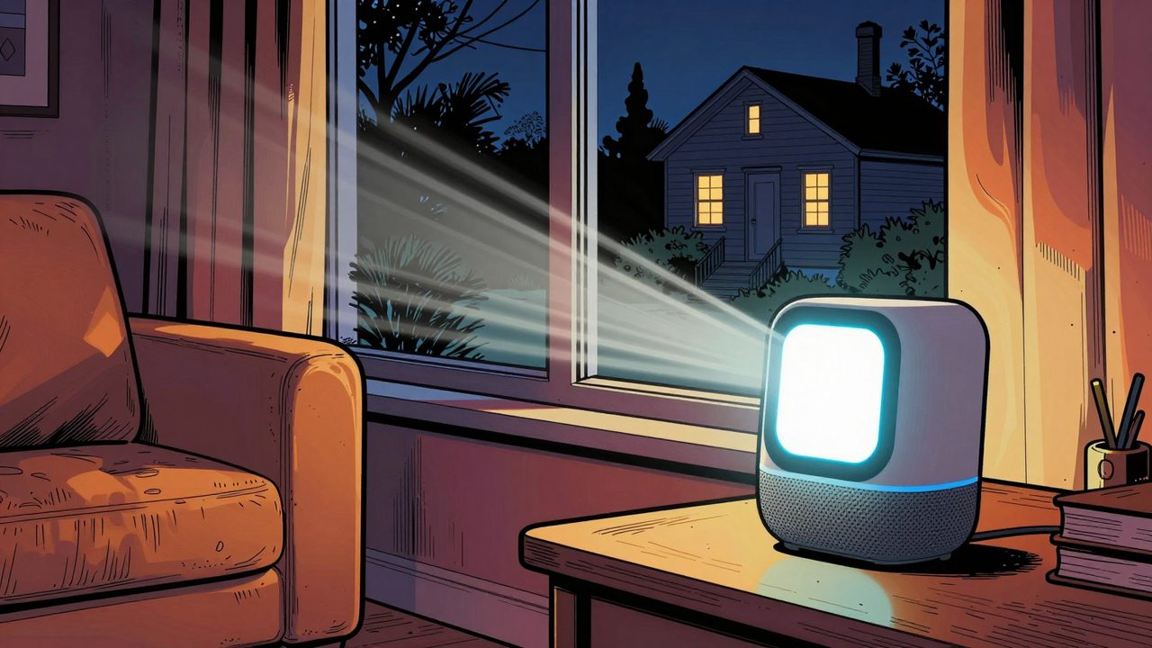 Ilustración de un altavoz inteligente con pantalla en un salón nocturno que envía ondas de luz hacia otra casa lejana, cuya ventana se ilumina