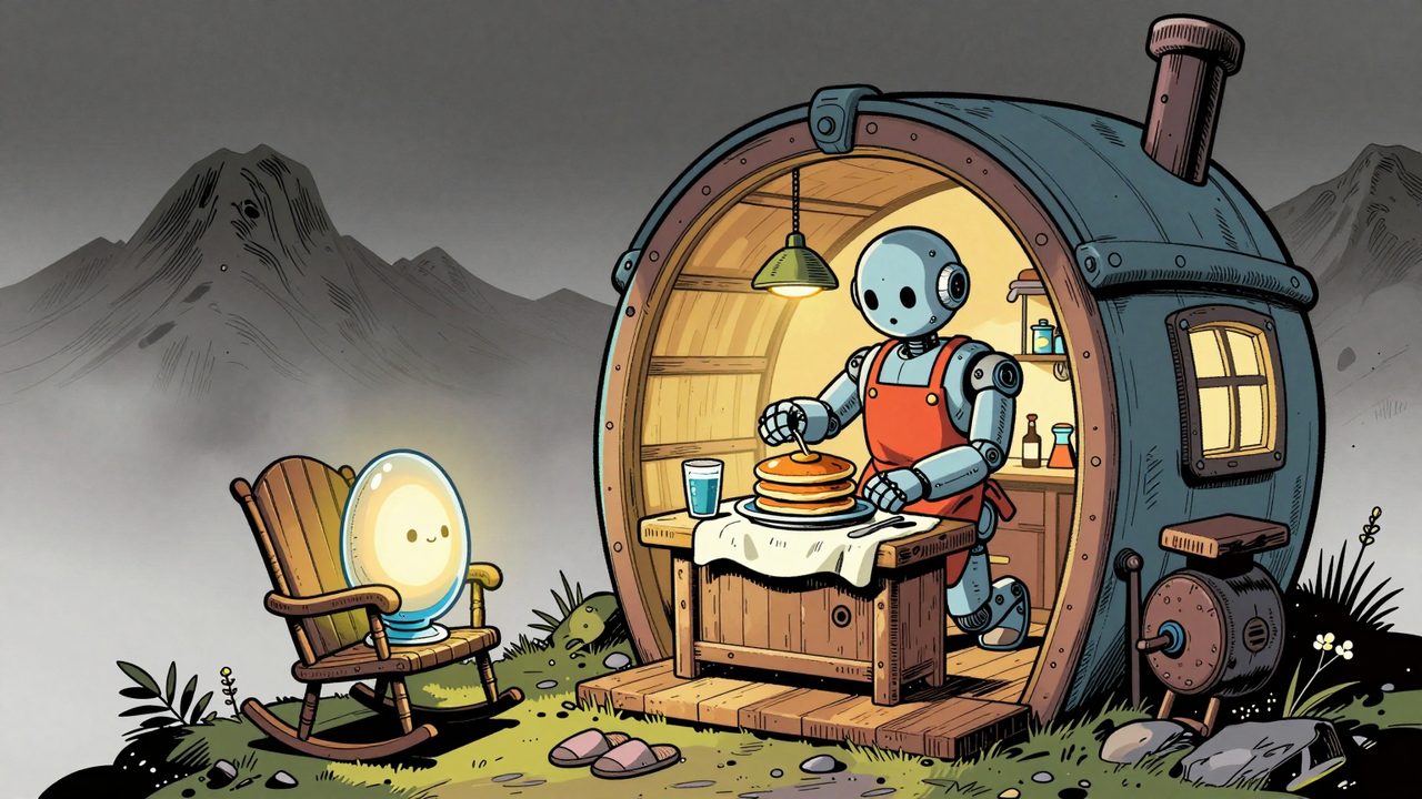 Ilustración de una cabaña futurista en la montaña con un robot con delantal cocinando, una cápsula con forma de huevo y una mecedora con zapatillas