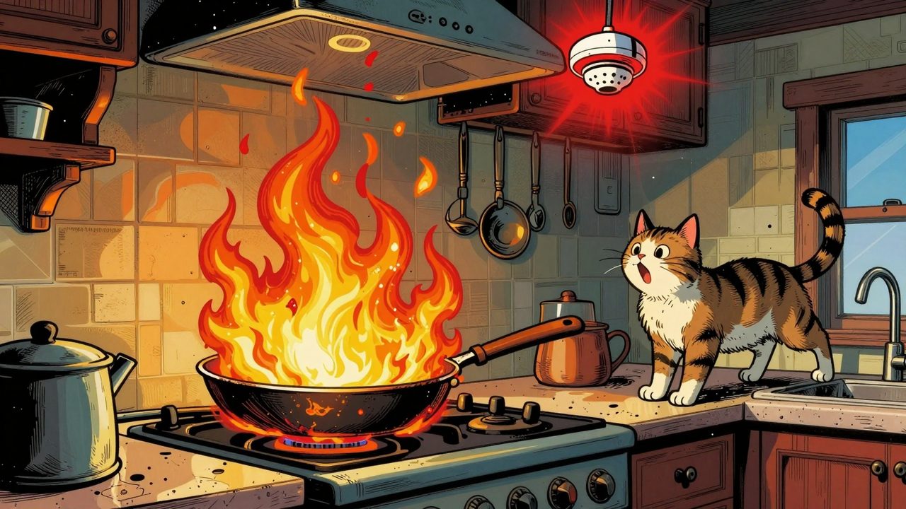 Ilustración de una sartén olvidada en llamas en una cocina, con un detector de humo parpadeando en rojo y un gato asustado saltando de la encimera