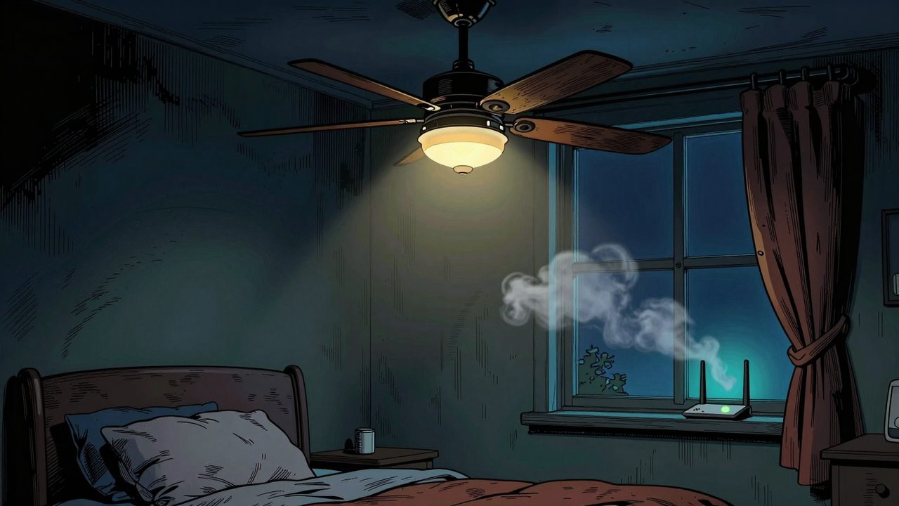 Ilustración de un ventilador de techo apagado en un dormitorio a oscuras mientras un router parpadea y una nube luminosa se aleja por la ventana