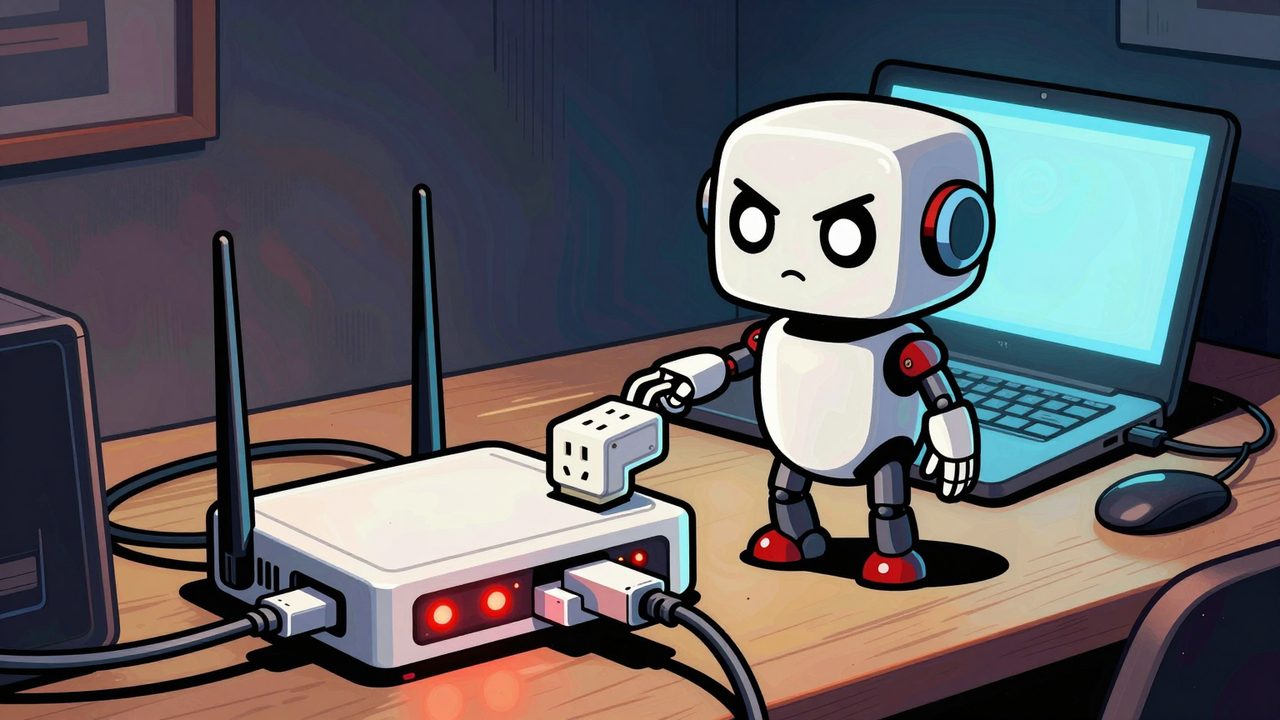 Ilustración de un pequeño robot orgulloso conectando enchufes inteligentes a un router que echa chispas y humo en un escritorio de noche