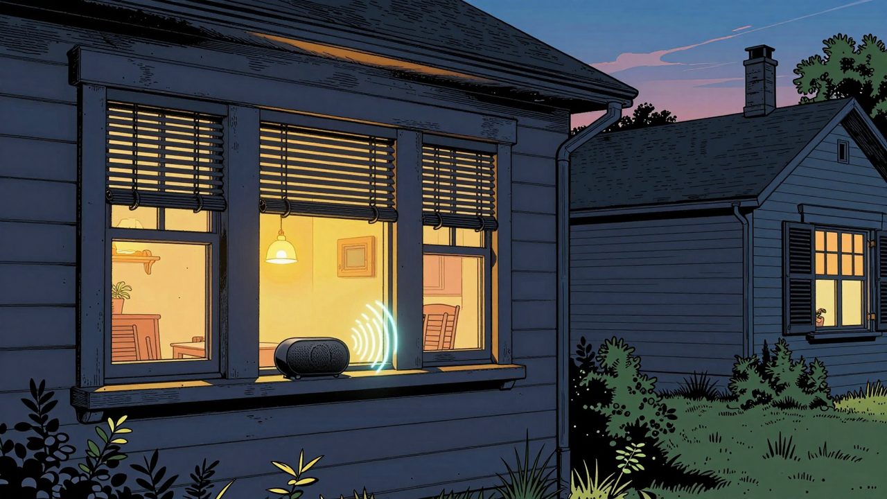 Ilustración de una casa al atardecer con luces encendidas, persianas a media altura y un altavoz a todo volumen, junto a una casa vecina a oscuras y cerrada