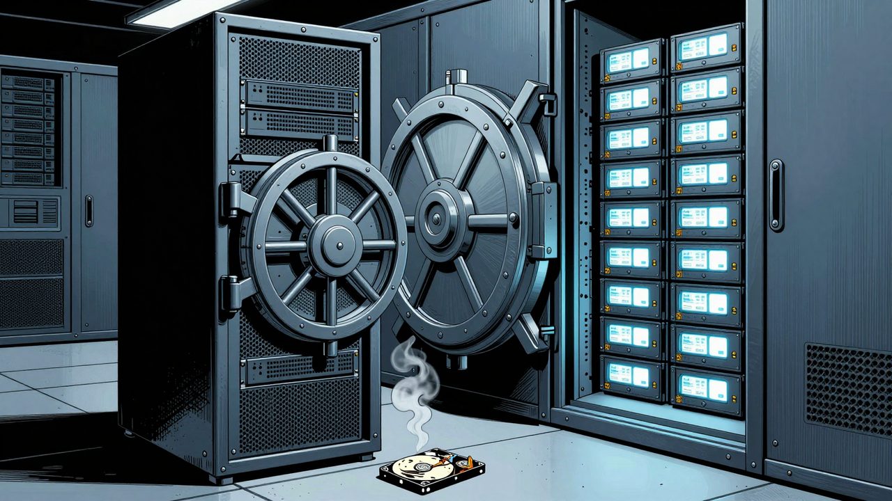 Ilustración de un rack de servidores vacío con un disco duro roto en el suelo junto a una cámara acorazada llena de discos de copia de seguridad