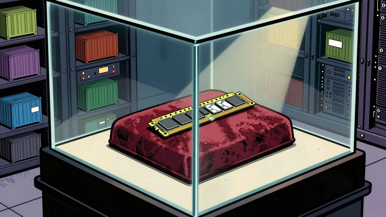 Ilustración de un módulo de memoria RAM expuesto como una joya sobre un cojín de terciopelo en una vitrina de lujo, con pequeños contenedores en un rack de servidores esperando debajo