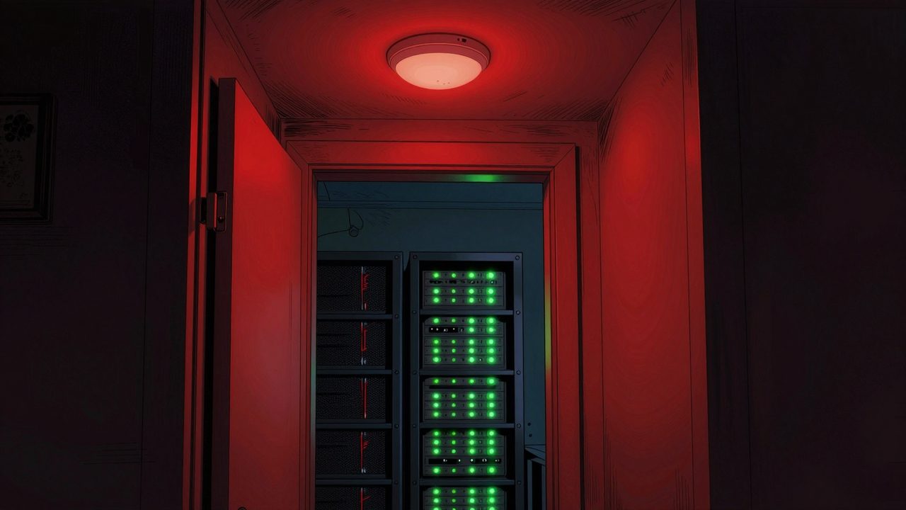 Ilustración de un detector de humo en el techo junto a la puerta de un dormitorio a oscuras, con un servidor doméstico parpadeando en el pasillo