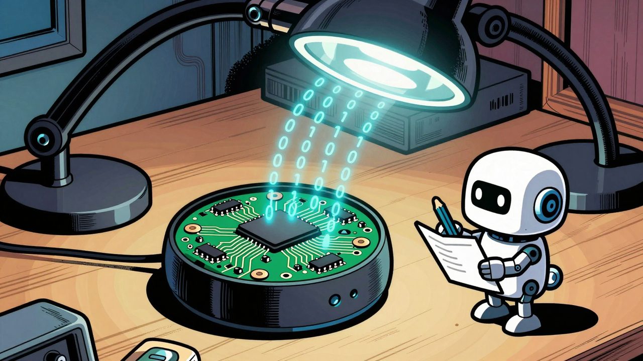 Ilustración de un aparato domótico abierto sobre un banco de trabajo, con su placa a la vista y un pequeño robot analizando el código que sale del chip