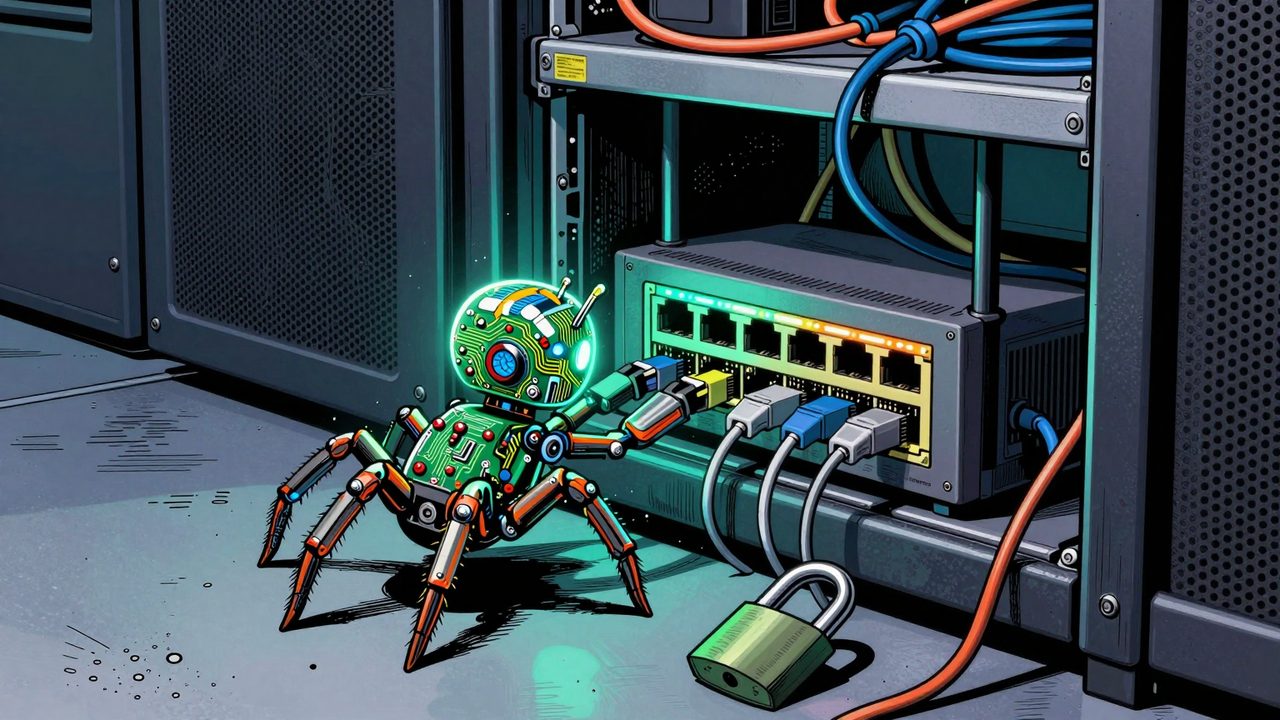 Ilustración de una araña robot de circuitos que sale de un armario de servidores y se conecta a un router, con un candado abierto en el suelo