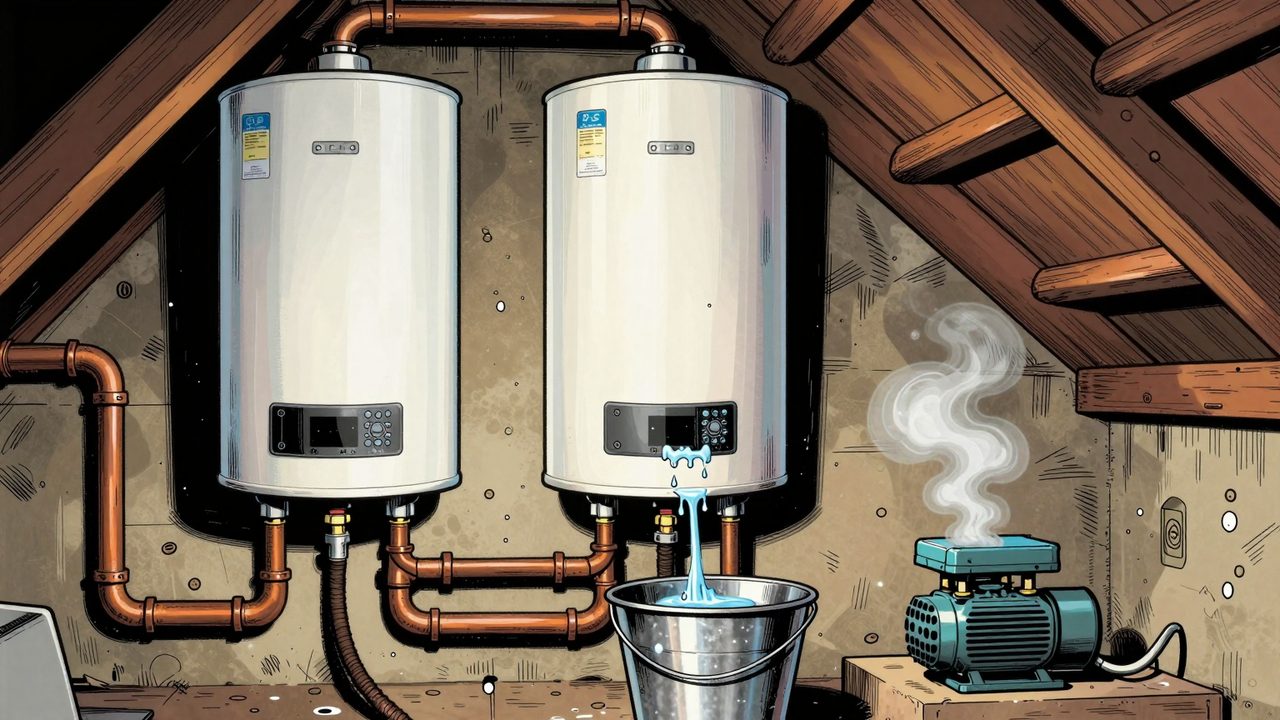 Ilustración de dos termos eléctricos en un altillo con un cubo recogiendo el agua que gotea y una pequeña bomba de recirculación