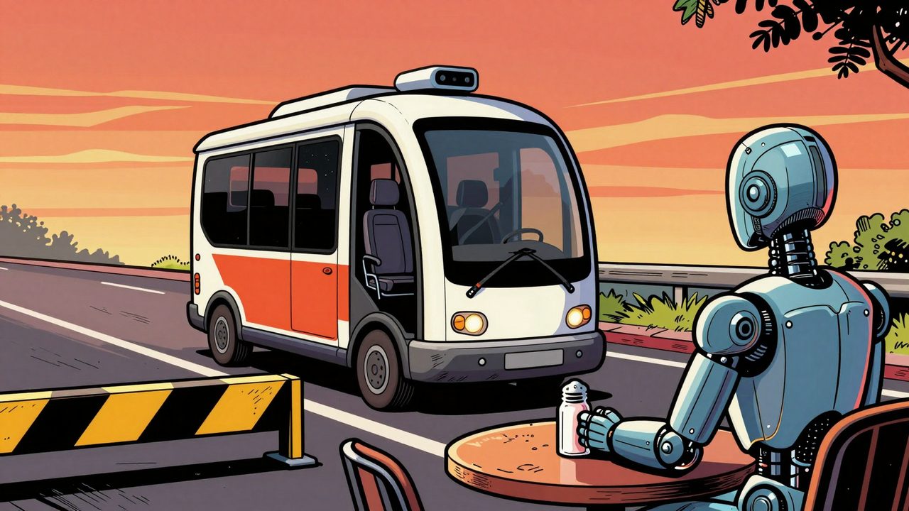 Ilustración de un vehículo autónomo con forma de cápsula avanzando muy despacio tras una barrera y un busto de robot humanoide sobre una mesa con un salero