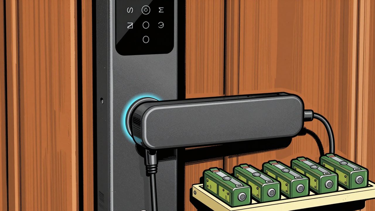 Ilustración de una cerradura inteligente cargándose con un cable imantado y varias baterías extraíbles alineadas en una balda