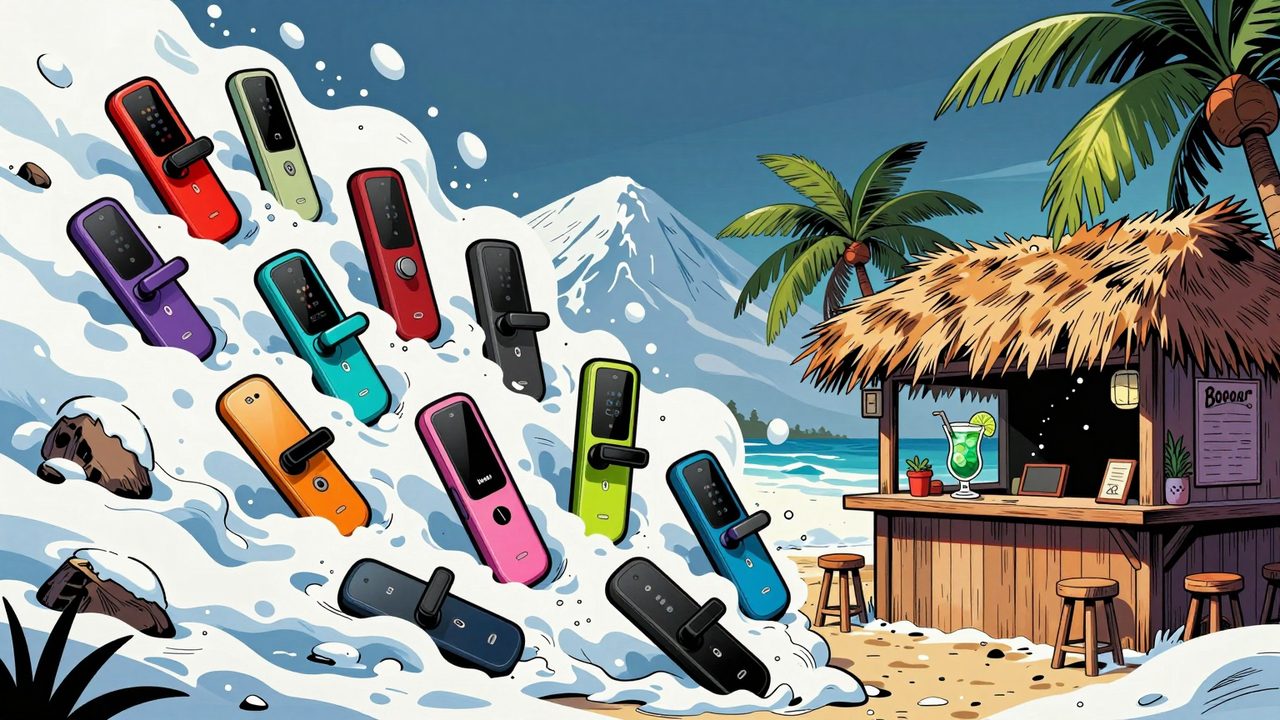 Ilustración de una avalancha de cerraduras inteligentes bajando por una montaña nevada hacia un chiringuito de playa con mojitos