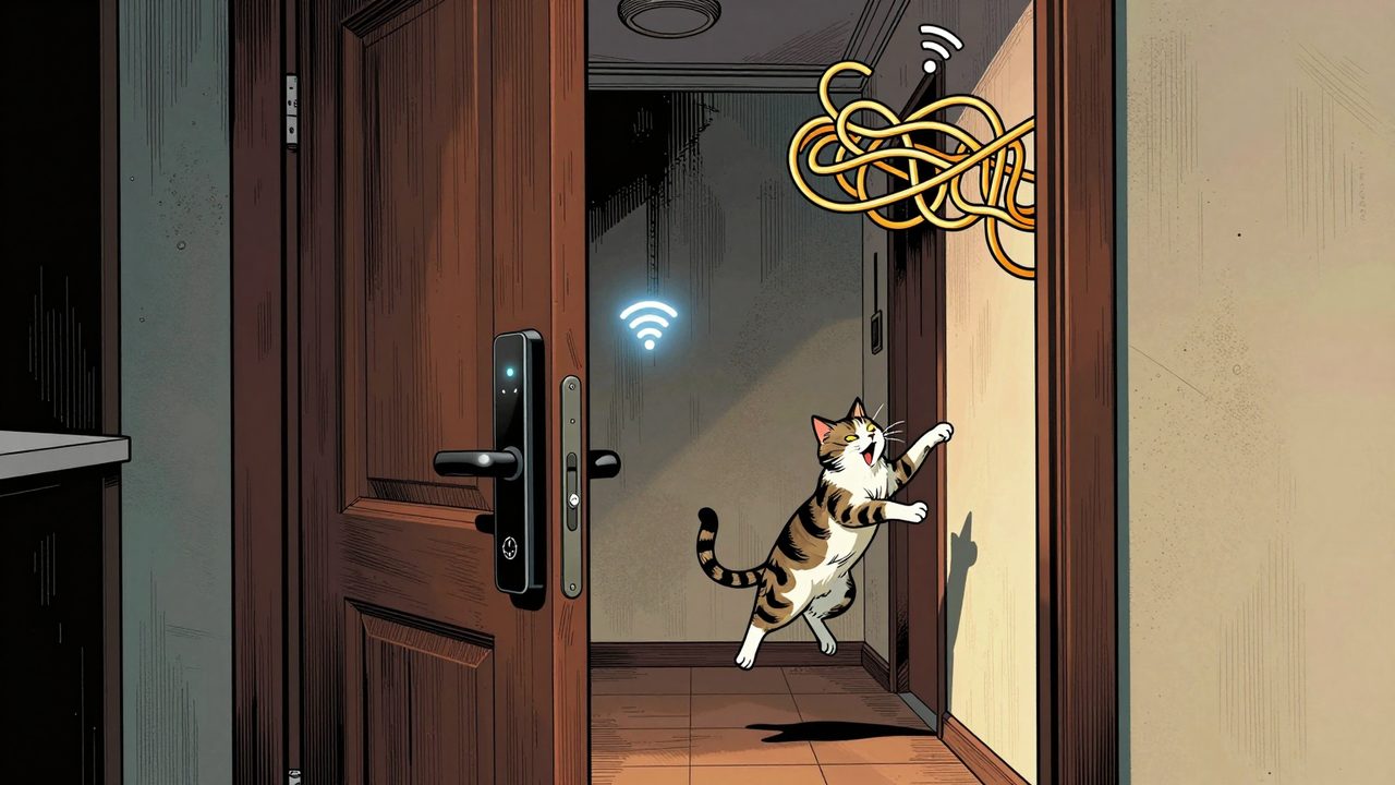 Ilustración de una puerta con cerradura inteligente que se abre sola en un pasillo vacío mientras un gato da un salto asustado