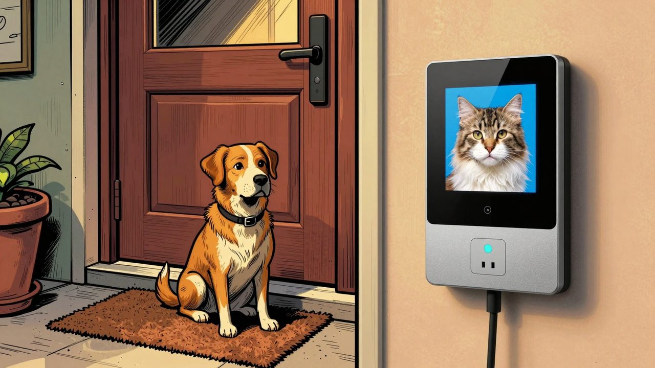 Ilustración de un videoportero que muestra un gato en la pantalla mientras en la puerta espera un perro, junto a un enchufe inteligente