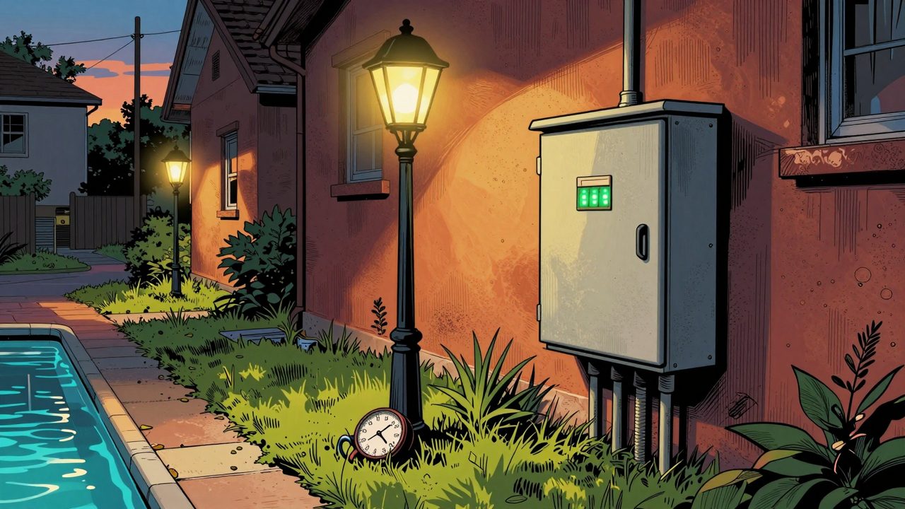 Ilustración de farolas encendiéndose a la vez al atardecer, controladas desde un pequeño cuadro eléctrico, con un viejo reloj analógico abandonado en el césped