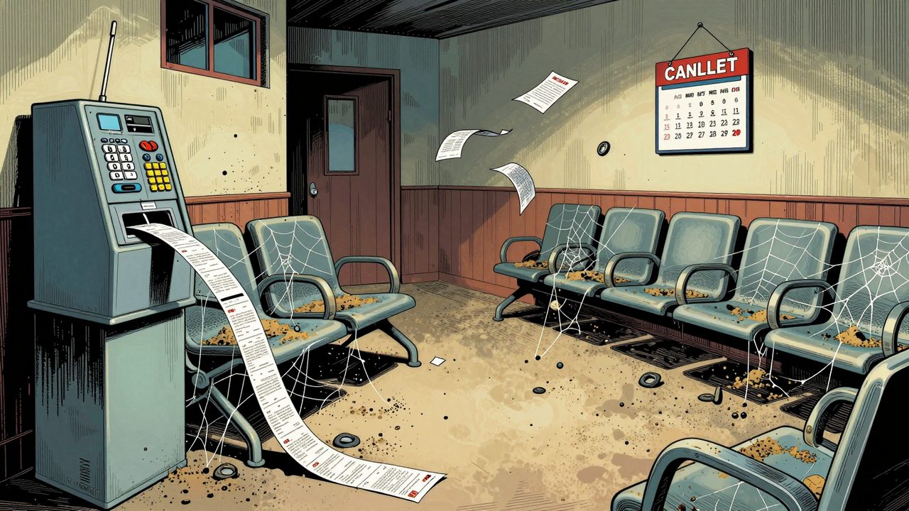 Ilustración de una sala de espera vacía con sillas cubiertas de telarañas, una máquina de turnos que escupe una cinta interminable de tiques y un calendario con las hojas volando