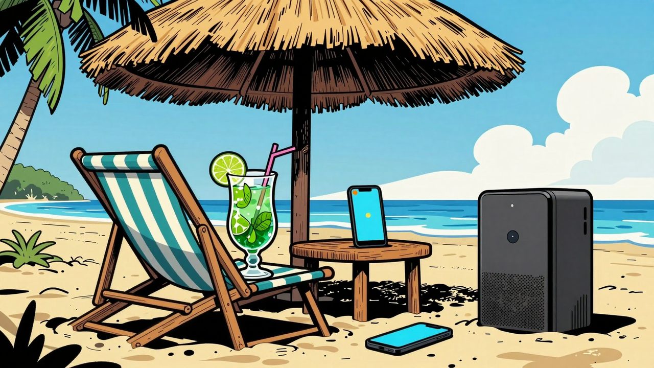 Ilustración de una tumbona en la playa con un mojito y un móvil con un aviso naranja, junto a un pequeño servidor que suda nervioso en la arena
