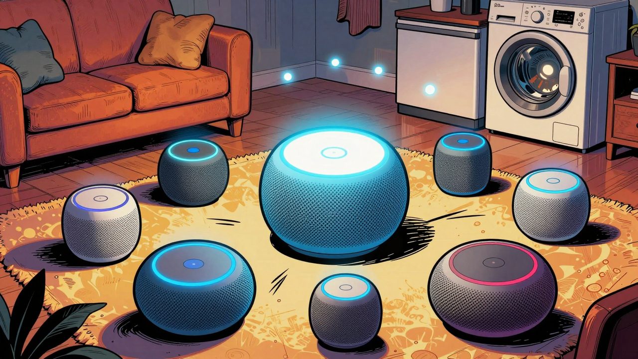 Ilustración de nueve altavoces inteligentes en un salón que se encienden a la vez compitiendo por responder, con un lavavajillas y una lavadora al fondo