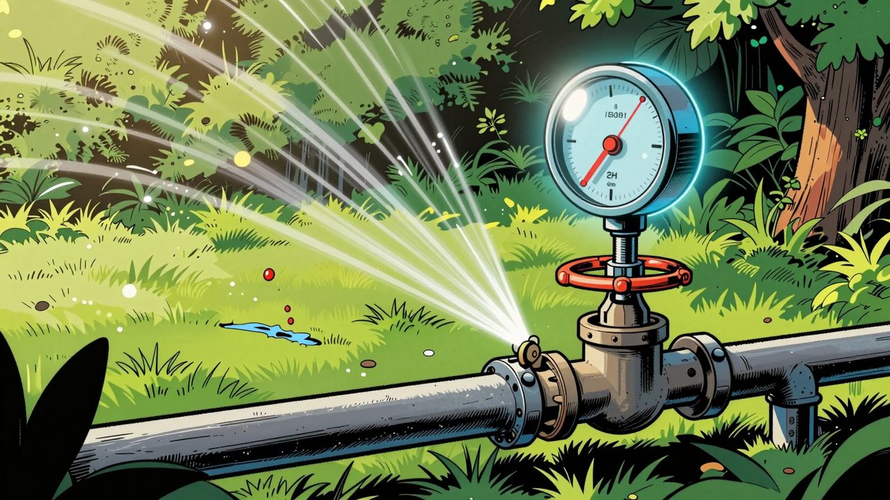 Ilustración de un jardín con aspersores y un contador de agua holográfico que señala una pequeña fuga junto a una válvula motorizada