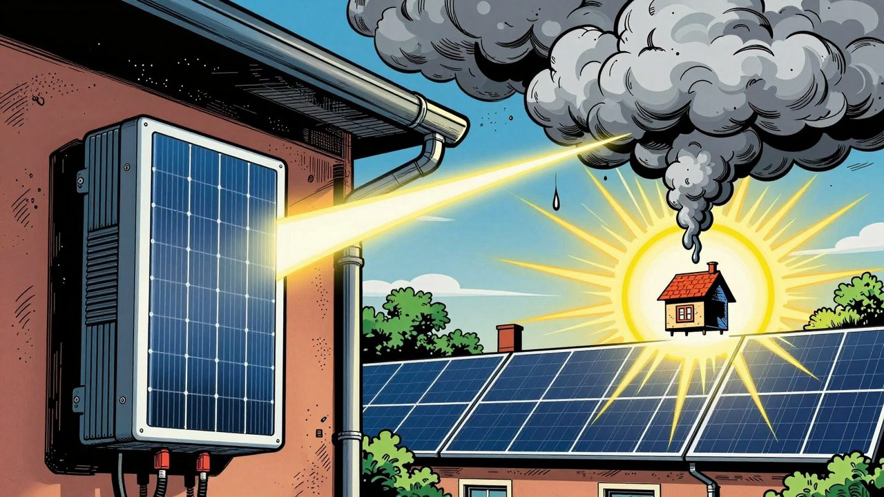 Ilustración de un inversor solar que envía sus datos a una nube lejana que los devuelve gota a gota a la casa