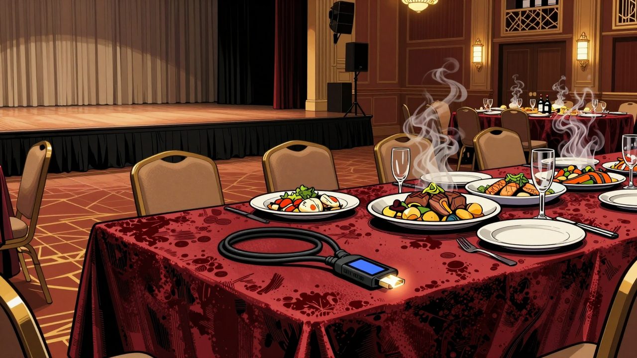 Ilustración de un salón de hotel de lujo con el escenario vacío, una mesa de cena recién servida y un cable de carga con pantalla luminosa en primer plano
