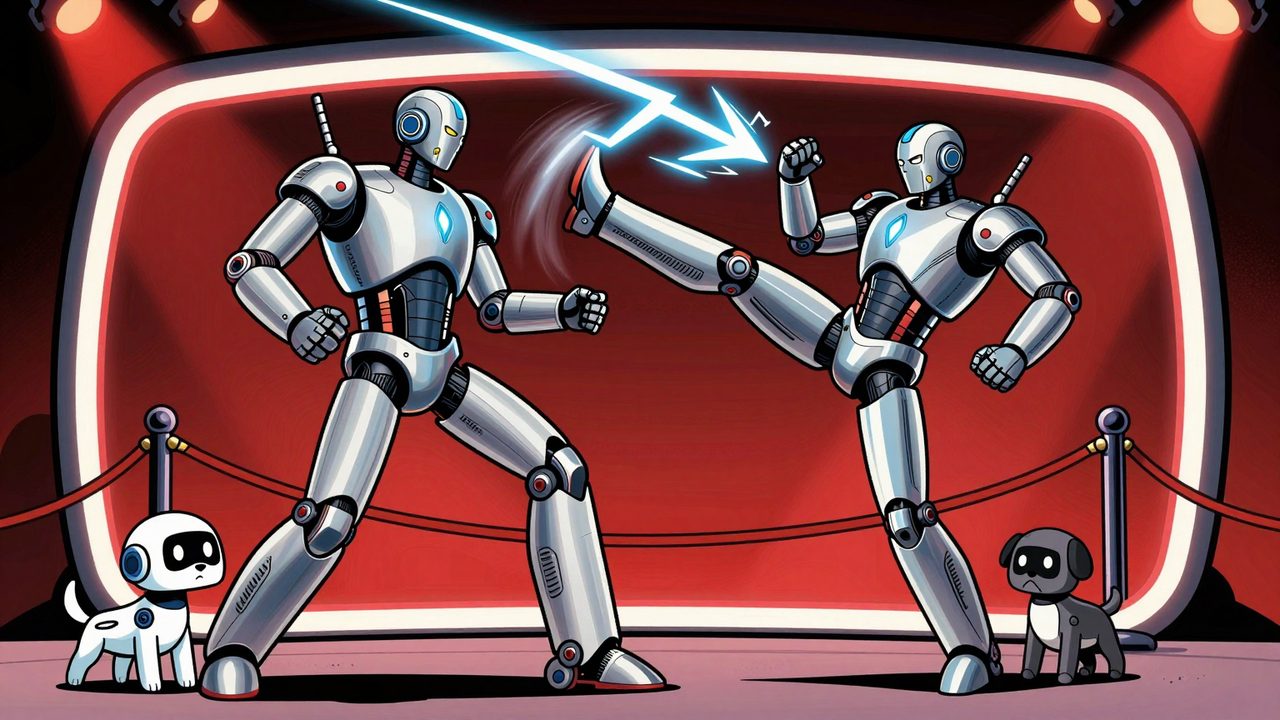 Ilustración de dos robots humanoides metálicos combatiendo en un ring iluminado mientras un perro robot observa asustado
