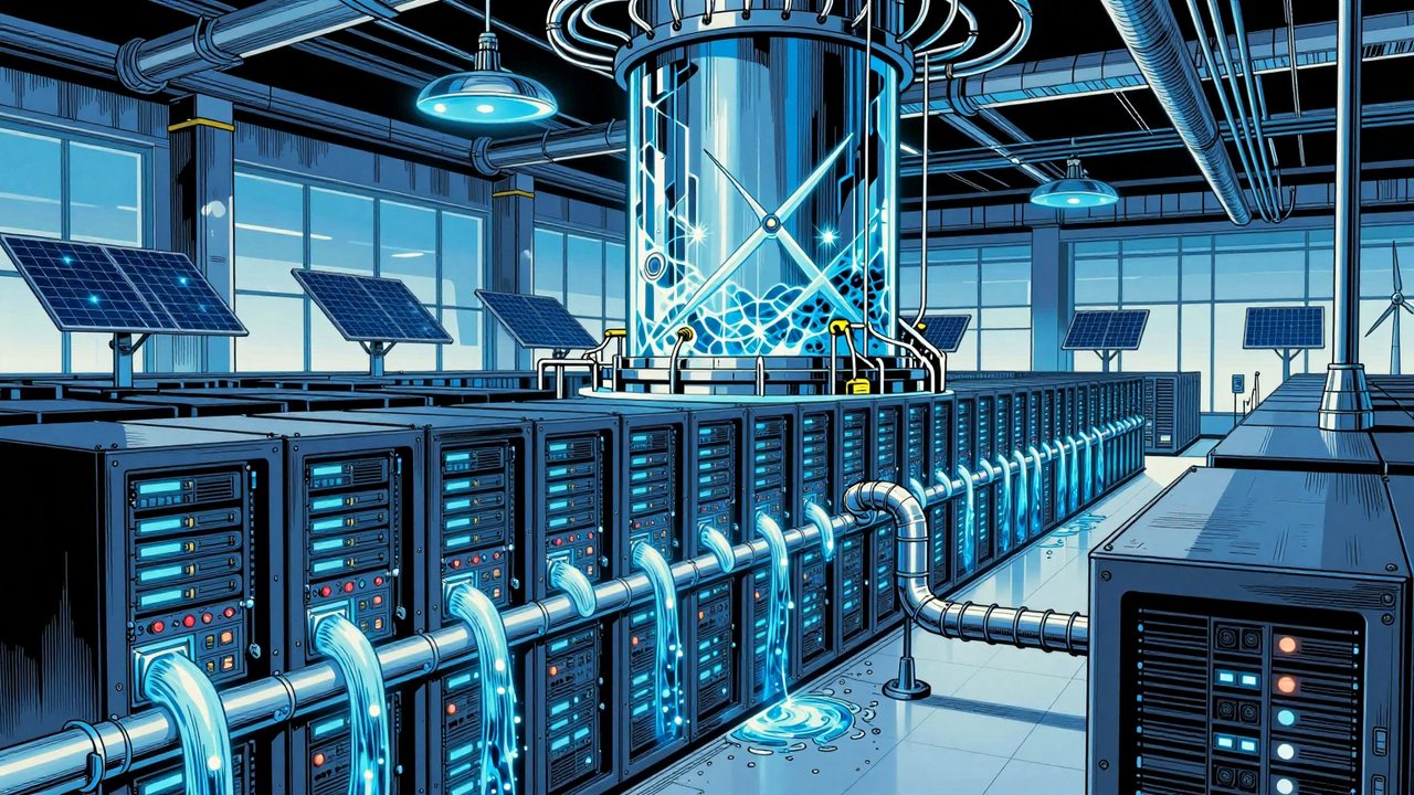 Ilustración de un enorme centro de datos con filas de servidores azules y tuberías que beben de un vaso gigante de agua, con placas solares y aerogeneradores al otro lado de las ventanas