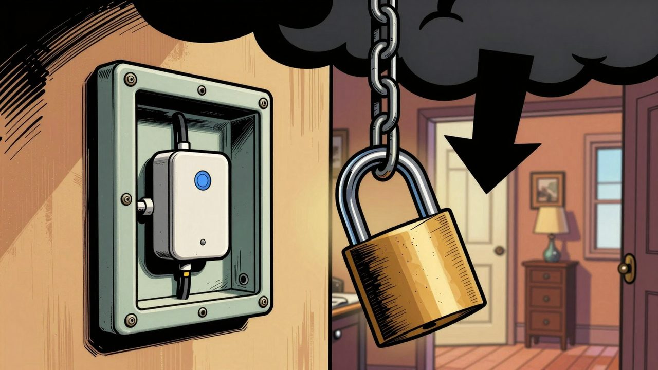 Ilustración de un pequeño relé inteligente en una caja eléctrica mientras un enorme candado desciende hacia él desde una nube oscura con forma de flecha de descarga
